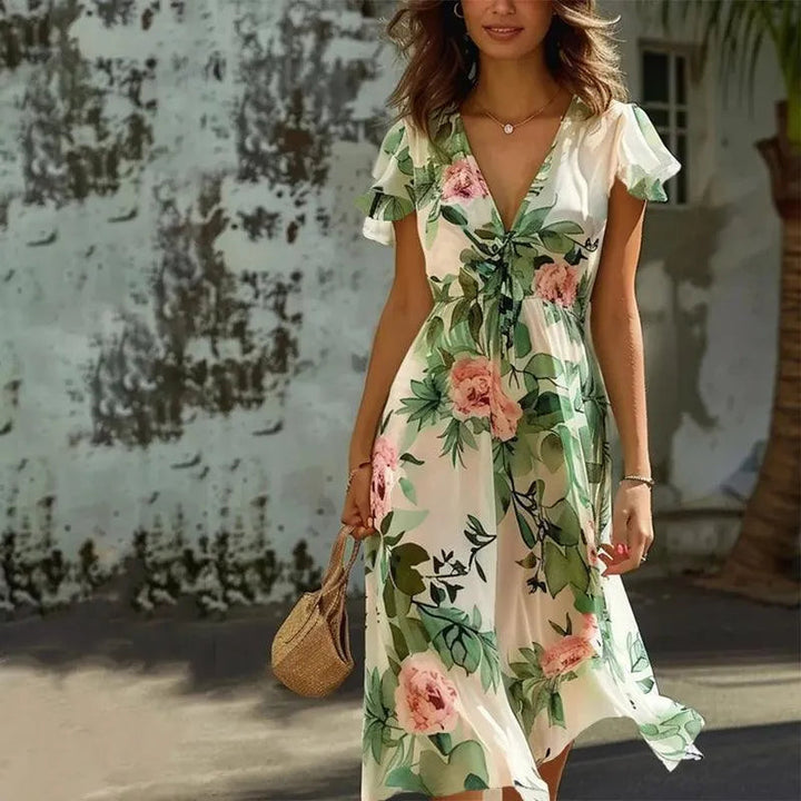 Violetta | Women’s Floral Midi Dress with V-neck and Puff Sleeves