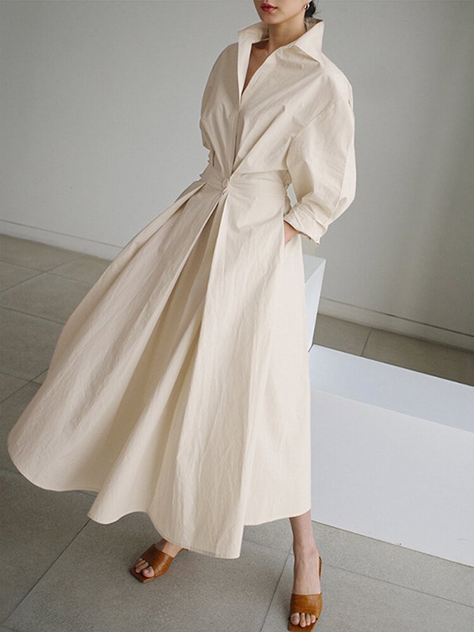 Elowra | Women's Elegant Long Sleeve Maxi Dress with One Button and Collar