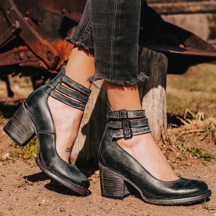 Cally | Women's Block Heel Leather Shoes with Three Strap Style