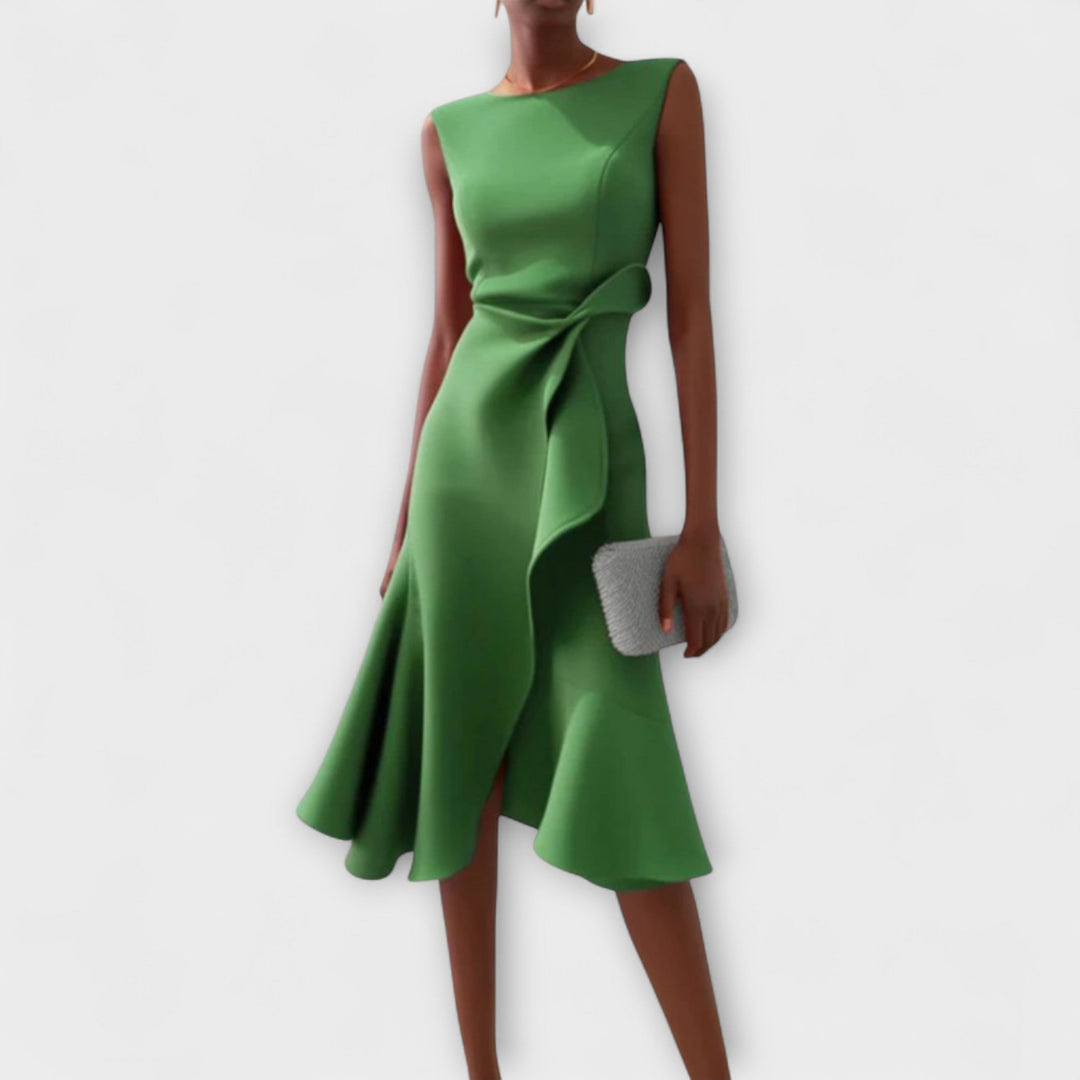 Sheila | Women’s Draped Asymmetric Sleeveless Midi Dress with Ruffle Detail