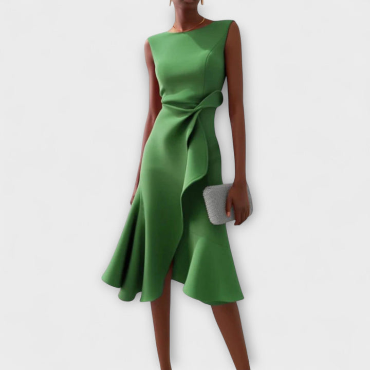 Sheila | Women’s Draped Asymmetric Sleeveless Midi Dress with Ruffle Detail