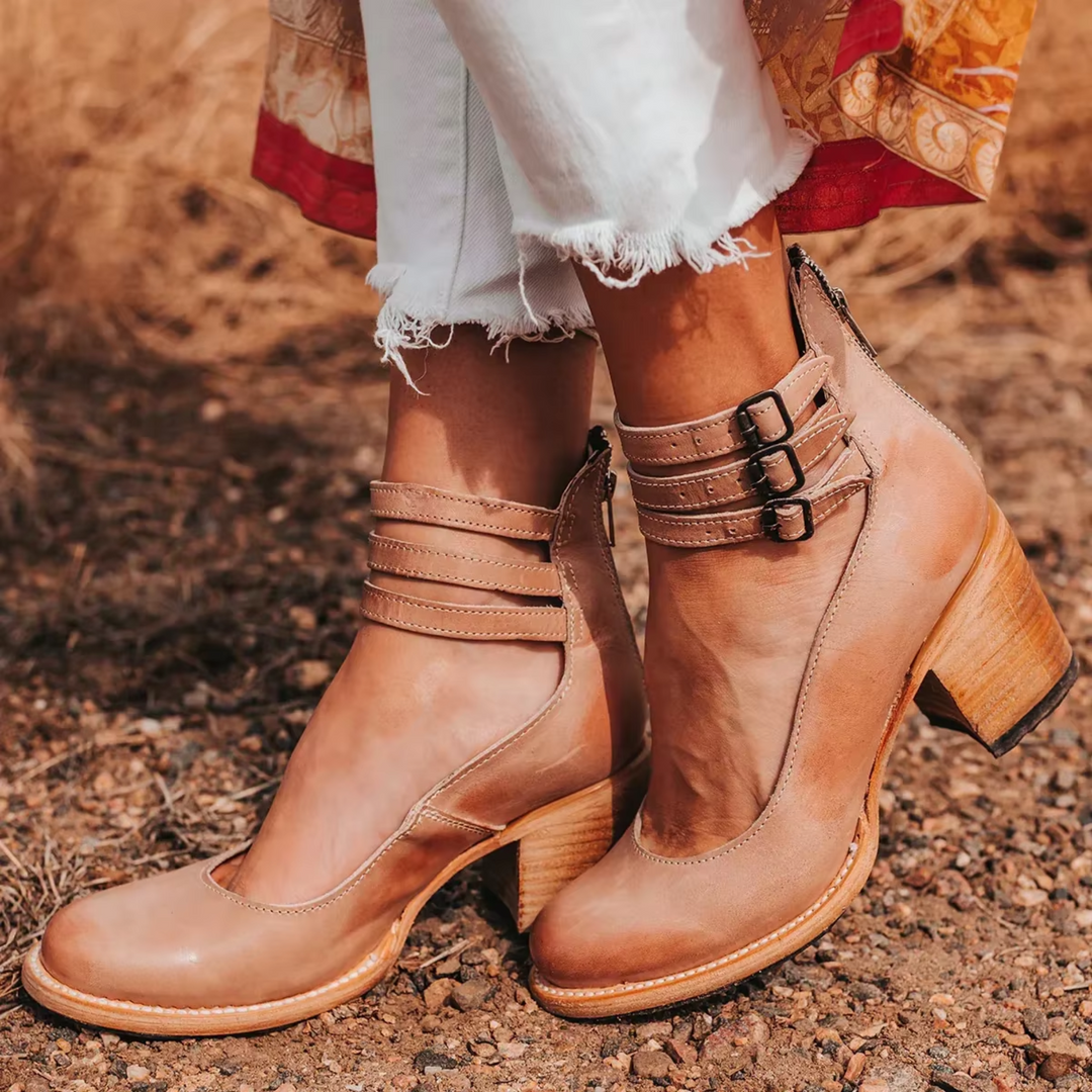 Cally | Women's Block Heel Leather Shoes with Three Strap Style