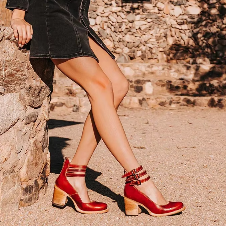 Cally | Women's Block Heel Leather Shoes with Three Strap Style