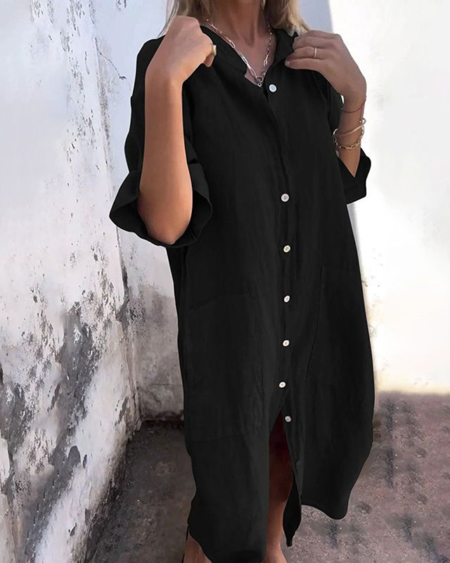 Maribelle | Women's Button-Up Linen Shirt Dress with Large Pockets