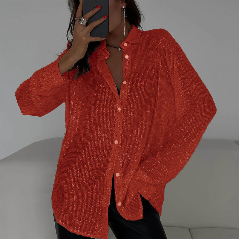 Bianca | Women’s Long-Sleeve Sequin Lapel Shirt with Buttons