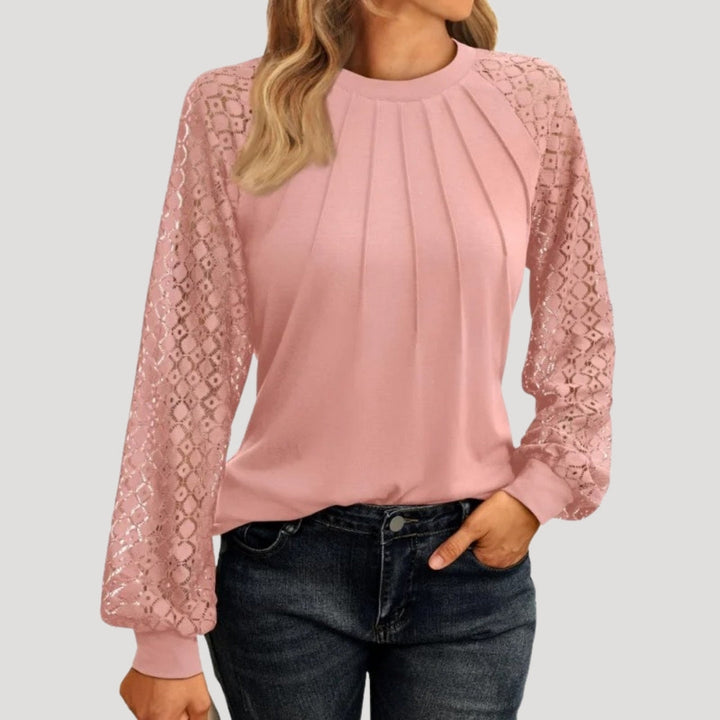 Annika | Women's Stylish Long Sleeve Pleated Top with Lace Sleeves