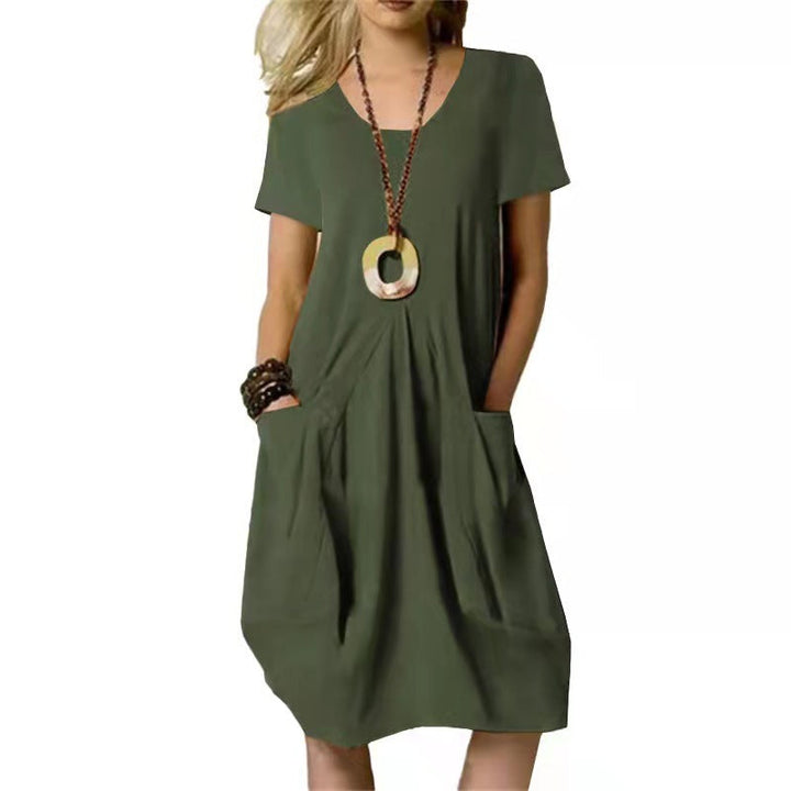 Annie | Women's Short Sleeve Midi Dress with Round Neckline and Pockets