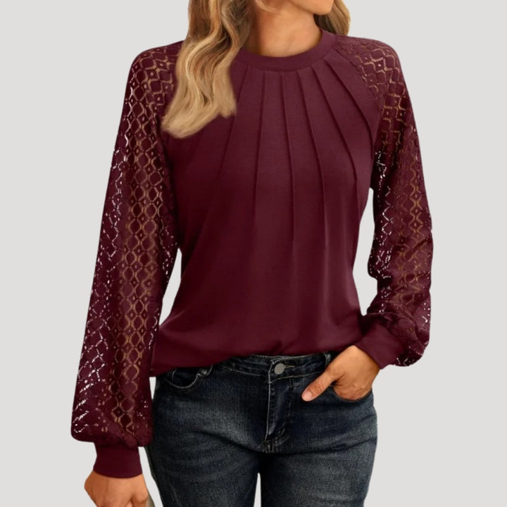 Annika | Women's Stylish Long Sleeve Pleated Top with Lace Sleeves