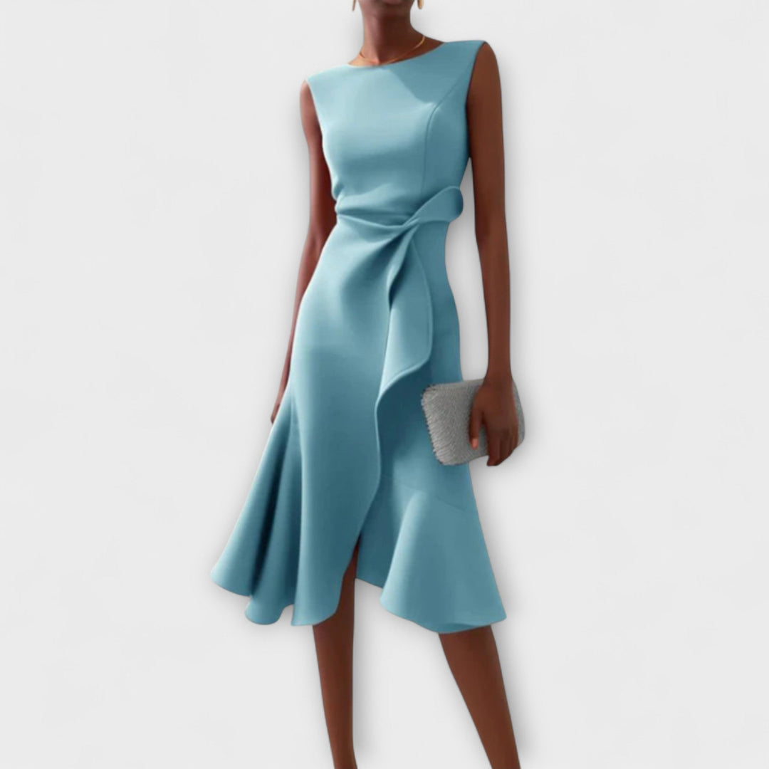 Sheila | Women’s Draped Asymmetric Sleeveless Midi Dress with Ruffle Detail