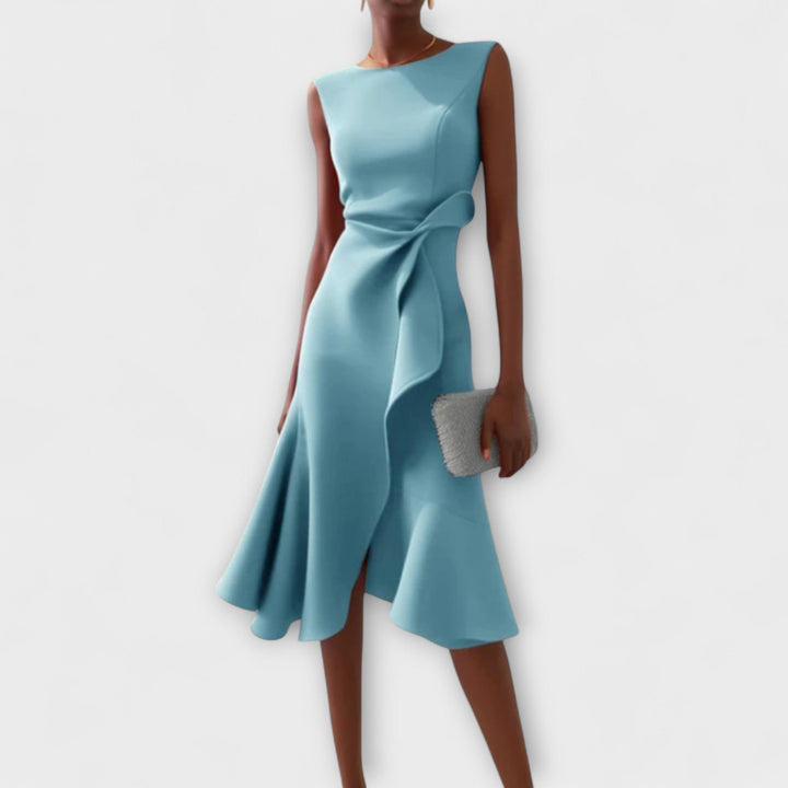 Sheila | Women’s Draped Asymmetric Sleeveless Midi Dress with Ruffle Detail