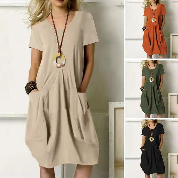 Annie | Women's Short Sleeve Midi Dress with Round Neckline and Pockets