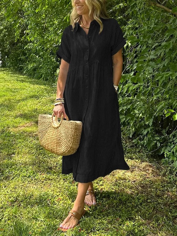 Brinley | Women's Striped Button Up Collar Dress with Pockets