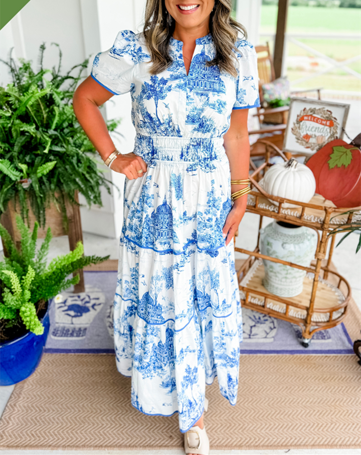 Toulise | Women's Toile Print Maxi Dress with Short Sleeve