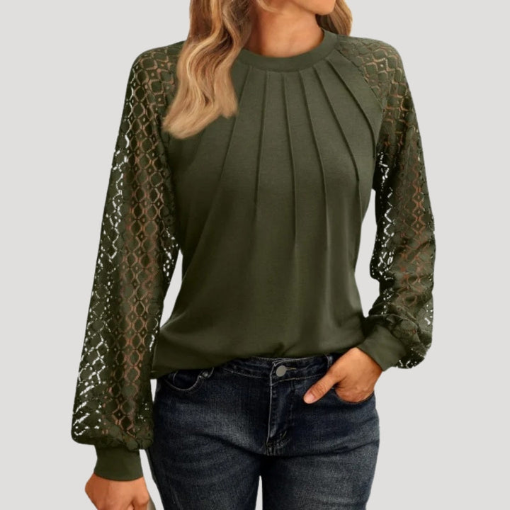 Annika | Women's Stylish Long Sleeve Pleated Top with Lace Sleeves