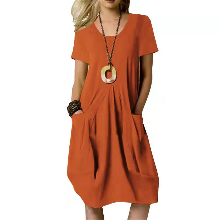 Annie | Women's Short Sleeve Midi Dress with Round Neckline and Pockets