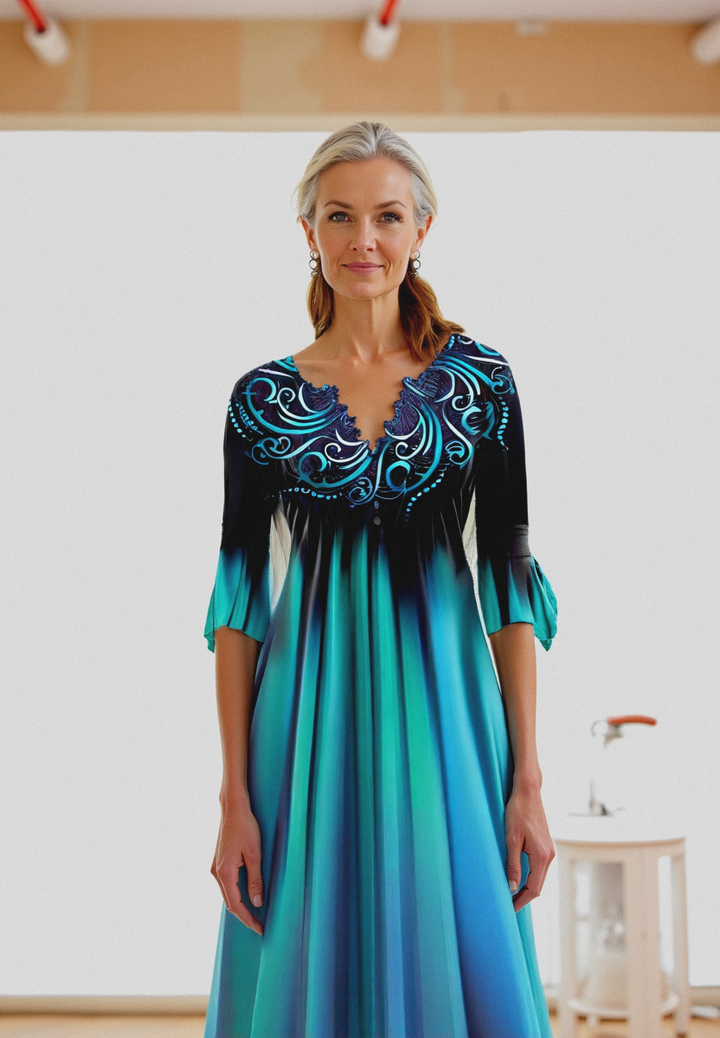 Amarella | Women’s 3/4 Sleeve Gradient Midi Dress with Half Buttons