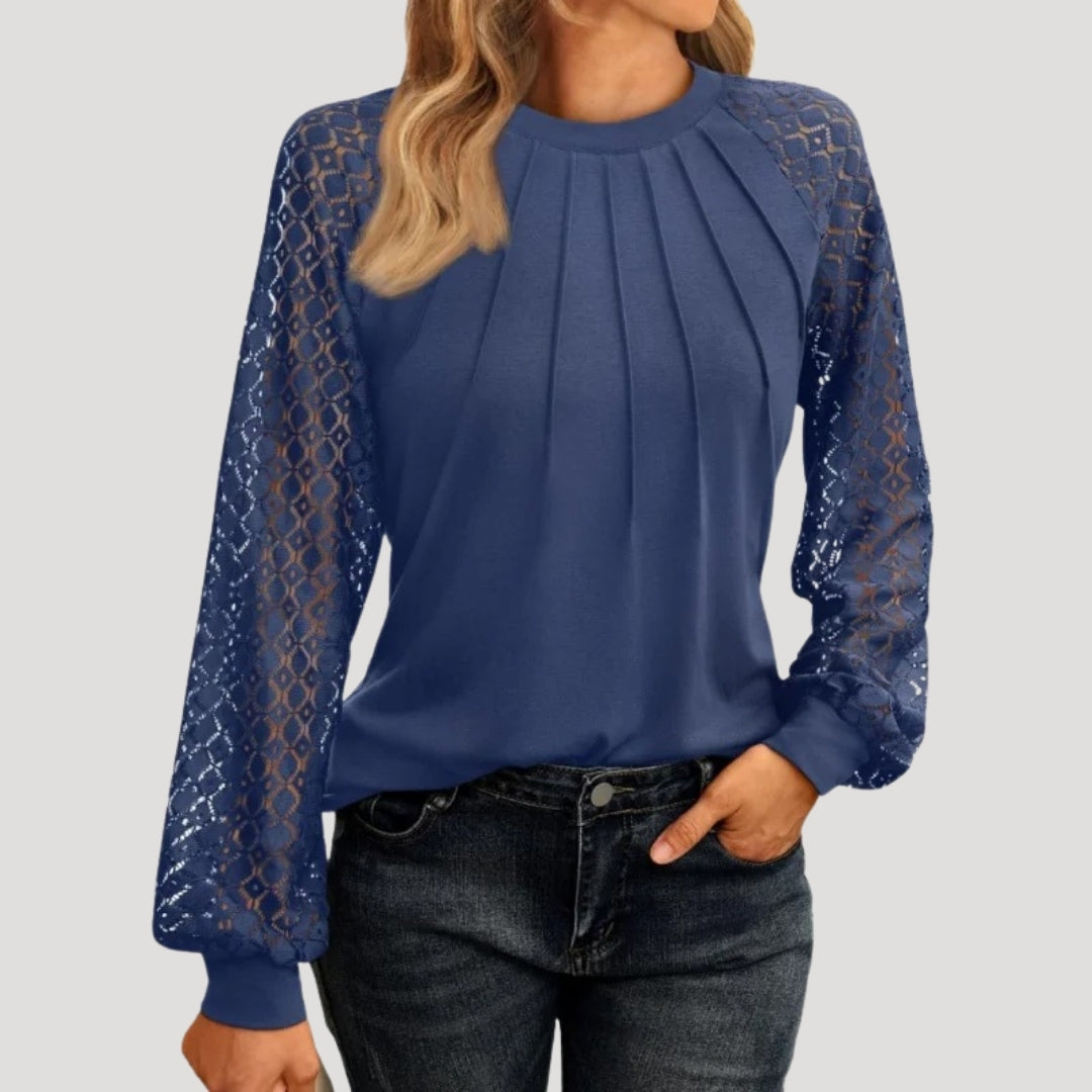 Annika | Women's Stylish Long Sleeve Pleated Top with Lace Sleeves