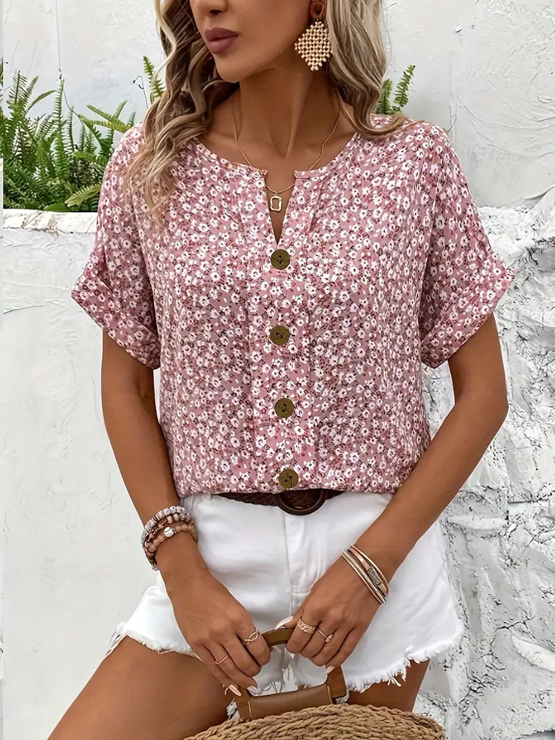 Fatima | Women's Floral Short Sleeve Blouse with Buttons