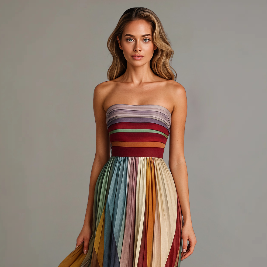 Gareen | Women's Colorful Strapless Party Maxi Dress with Pleated Skirt