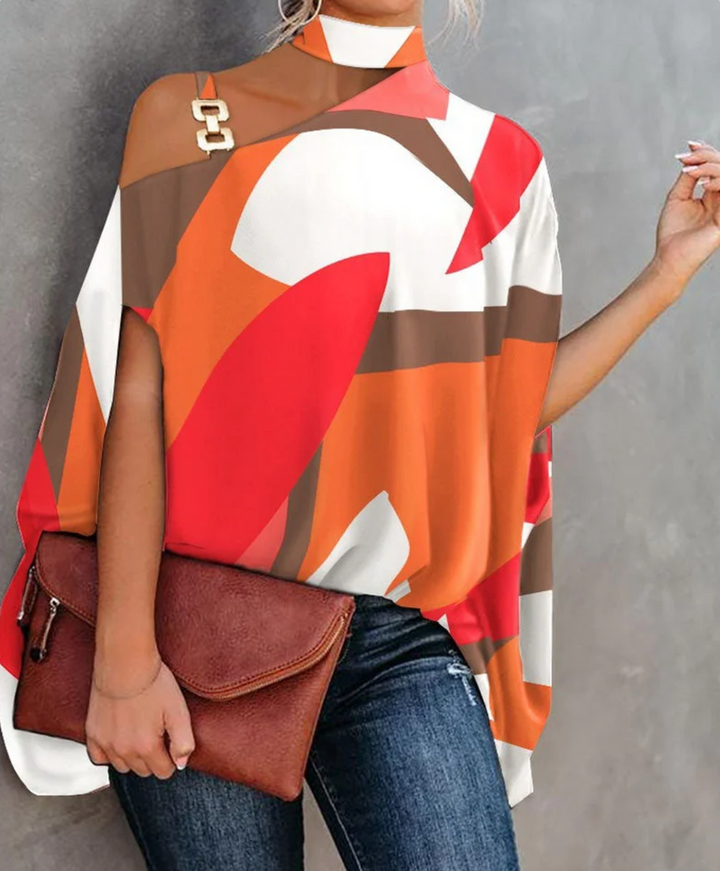 Sorina | Women’s Gold Accent One-Shoulder Blouse with Geometric Print