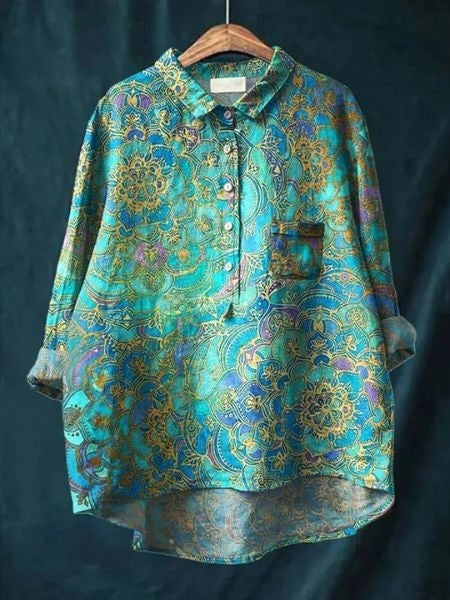 Linnea | Women's Lightweight Floral Blouse with Half Buttons and Collar