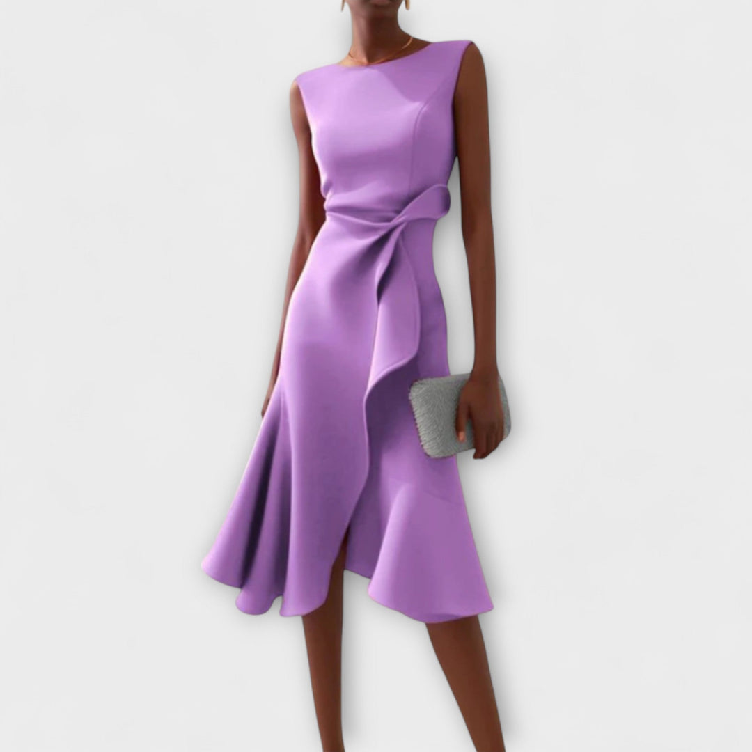 Sheila | Women’s Draped Asymmetric Sleeveless Midi Dress with Ruffle Detail