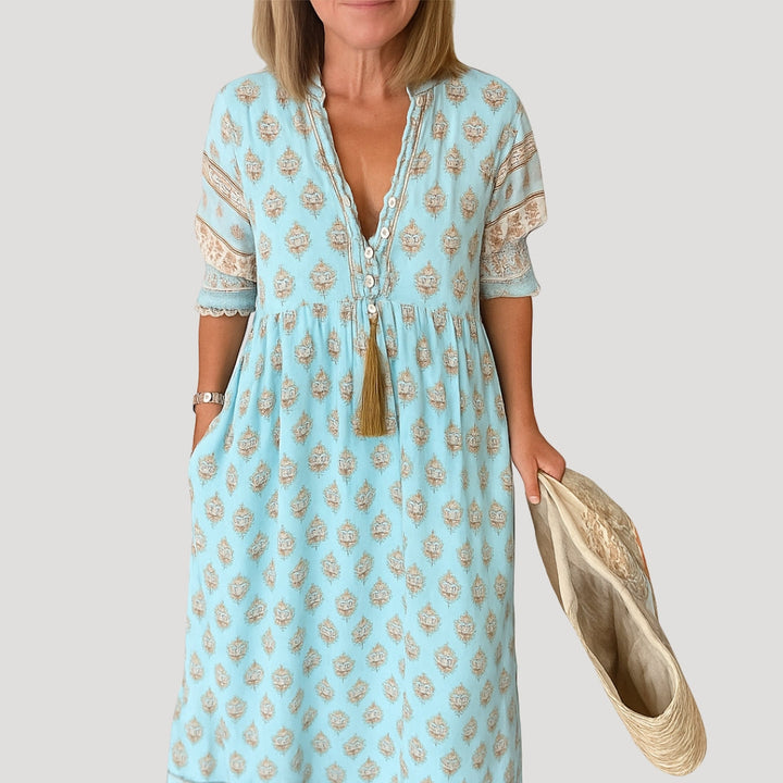 Alina | Women’s Boho Style Midi Dress with V-neck and Pockets
