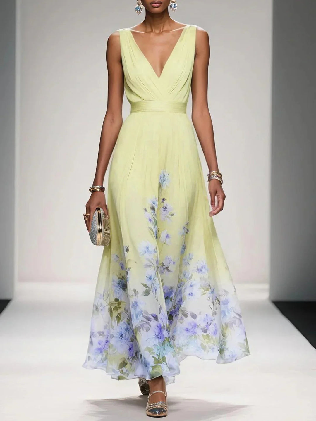 Marcea | Women's Floral Chiffon V Neck Maxi Dress with Belt