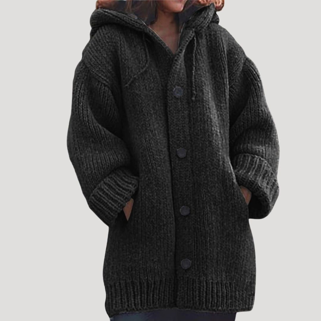 Catrine | Women’s Button Knit Wool Cardigan with Hood and Pockets