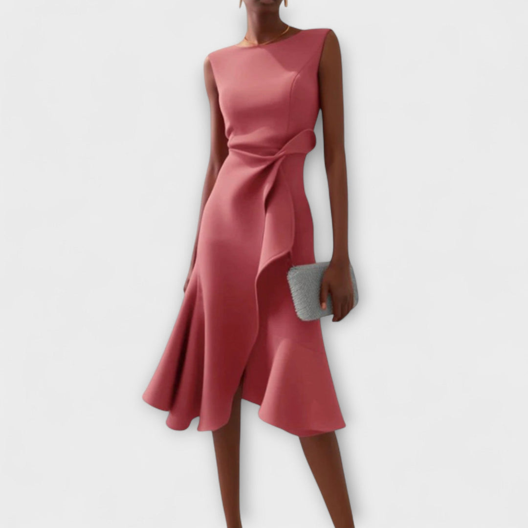 Sheila | Women’s Draped Asymmetric Sleeveless Midi Dress with Ruffle Detail
