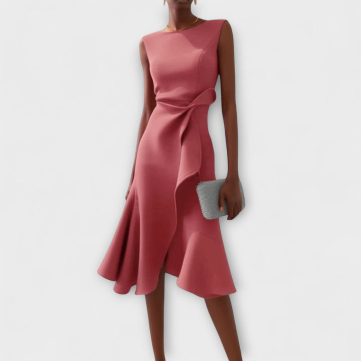 Sheila | Women’s Draped Asymmetric Sleeveless Midi Dress with Ruffle Detail