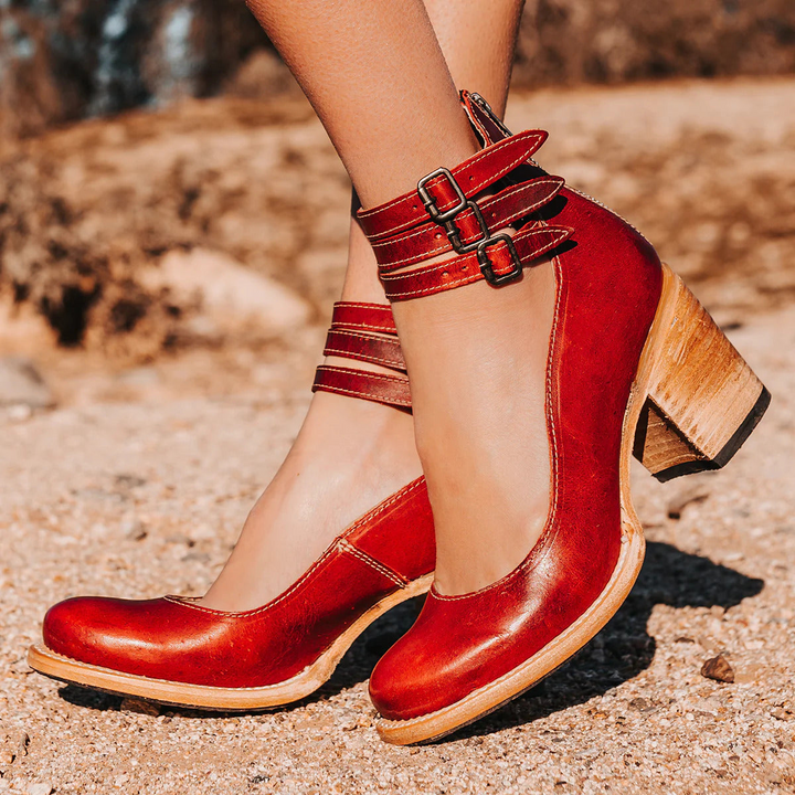 Cally | Women's Block Heel Leather Shoes with Three Strap Style