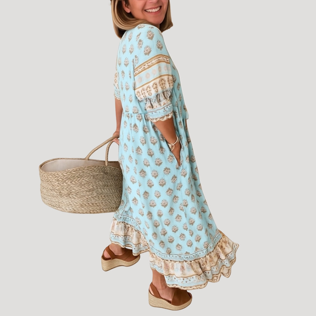 Alina | Women’s Boho Style Midi Dress with V-neck and Pockets