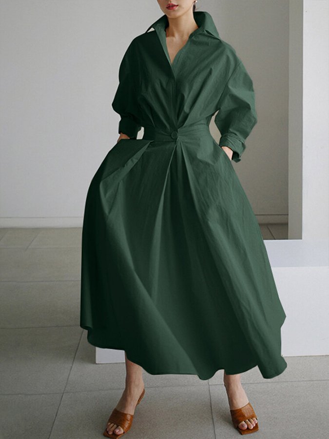 Elowra | Women's Elegant Long Sleeve Maxi Dress with One Button and Collar