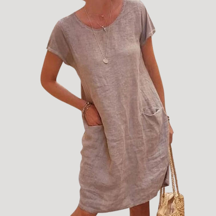 Anya | Women’s Linen Midi Summer Dress Short Sleeve and Pockets