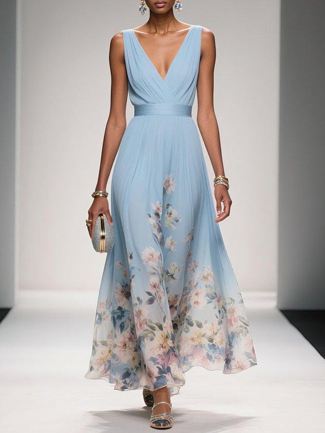 Marcea | Women's Floral Chiffon V Neck Maxi Dress with Belt