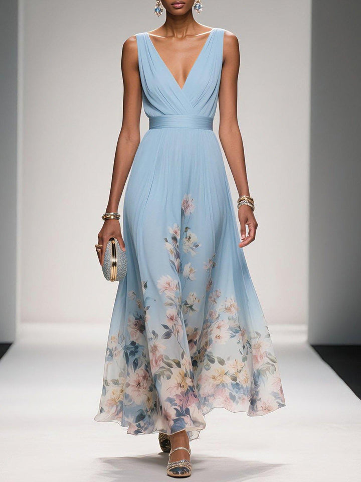 Marcea | Women's Floral Chiffon V Neck Maxi Dress with Belt