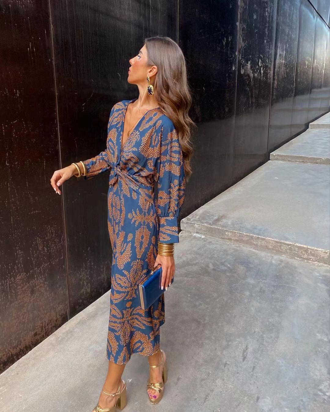 Angel | Women’s Elegant Long Sleeve Midi Dress with Prints and V-neck