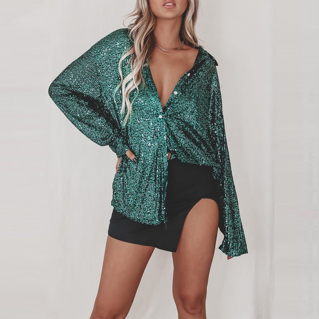 Bianca | Women’s Long-Sleeve Sequin Lapel Shirt with Buttons