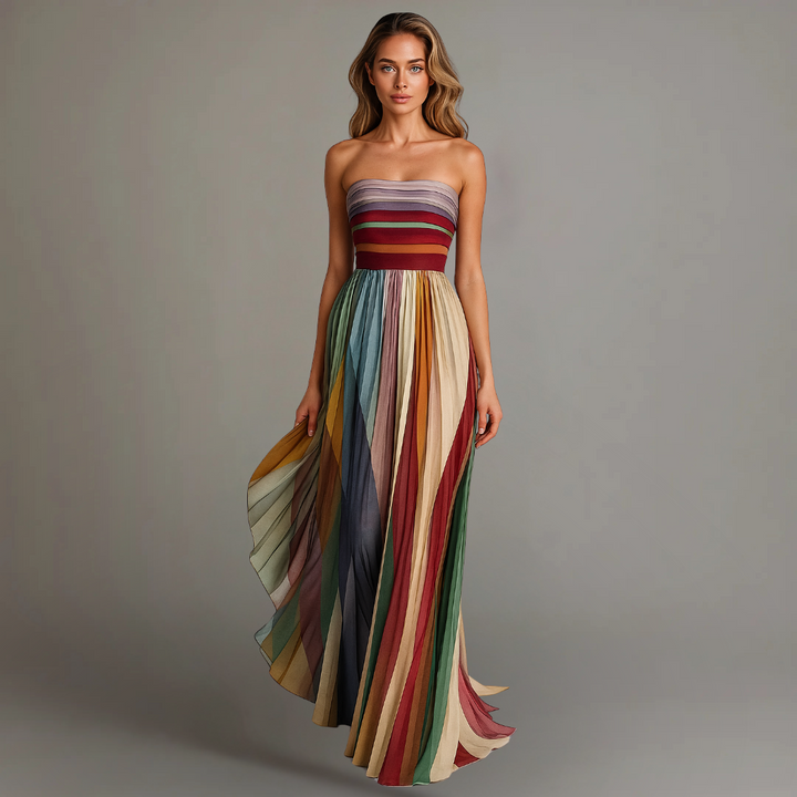 Gareen | Women's Colorful Strapless Party Maxi Dress with Pleated Skirt