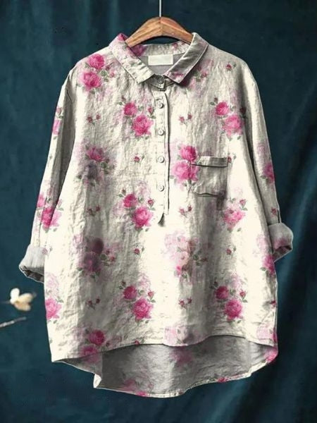 Linnea | Women's Lightweight Floral Blouse with Half Buttons and Collar