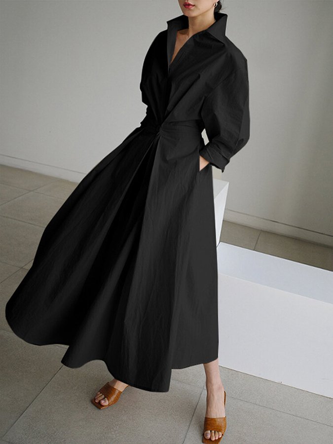 Elowra | Women's Elegant Long Sleeve Maxi Dress with One Button and Collar