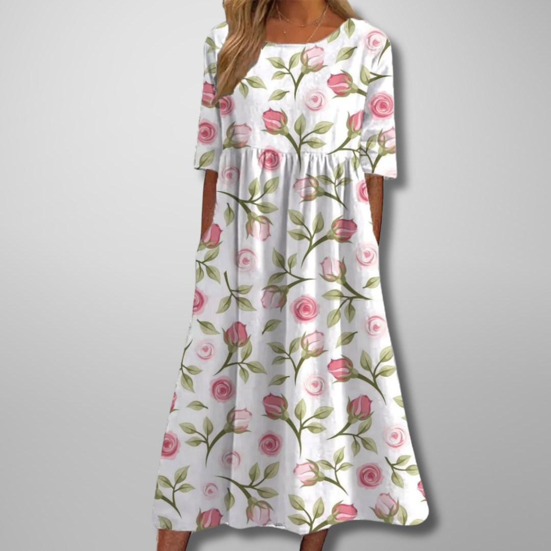 Liora | Women's Embroidered Floral Loose Fit Midi Dress