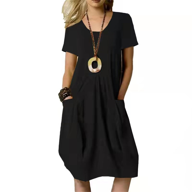 Annie | Women's Short Sleeve Midi Dress with Round Neckline and Pockets