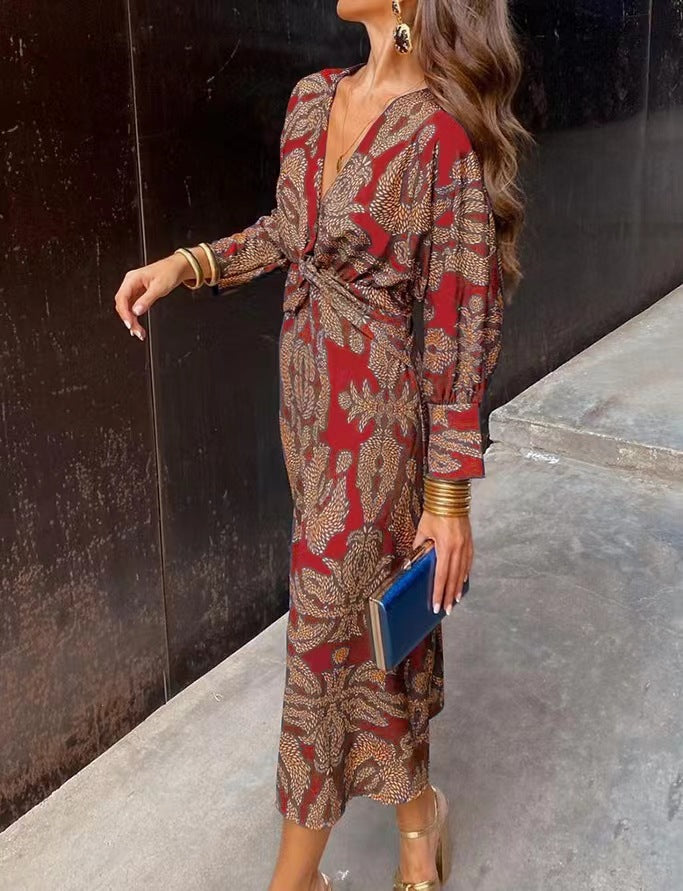 Angel | Women’s Elegant Long Sleeve Midi Dress with Prints and V-neck