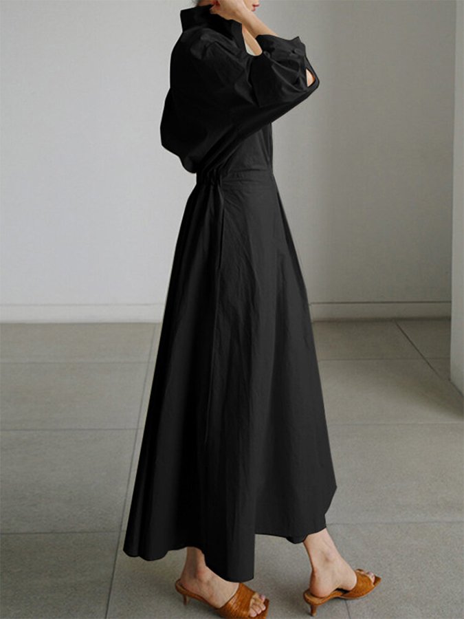 Elowra | Women's Elegant Long Sleeve Maxi Dress with One Button and Collar