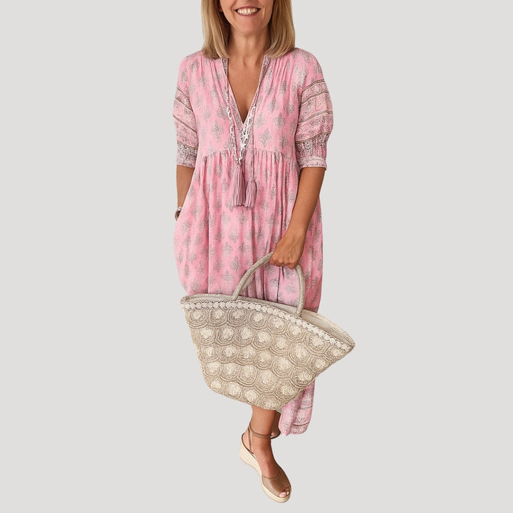 Alina | Women’s Boho Style Midi Dress with V-neck and Pockets