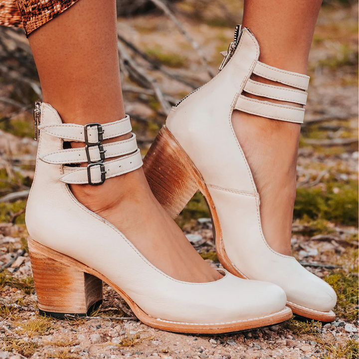 Cally | Women's Block Heel Leather Shoes with Three Strap Style