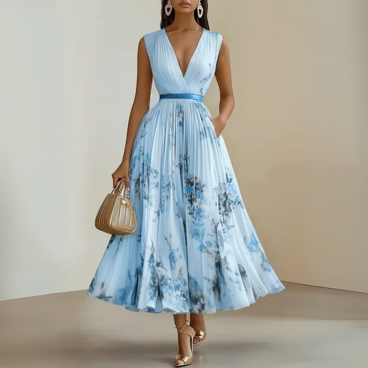Aurelia | Women's Floral Print Sleeveless Maxi Dress with V-neck and Belt