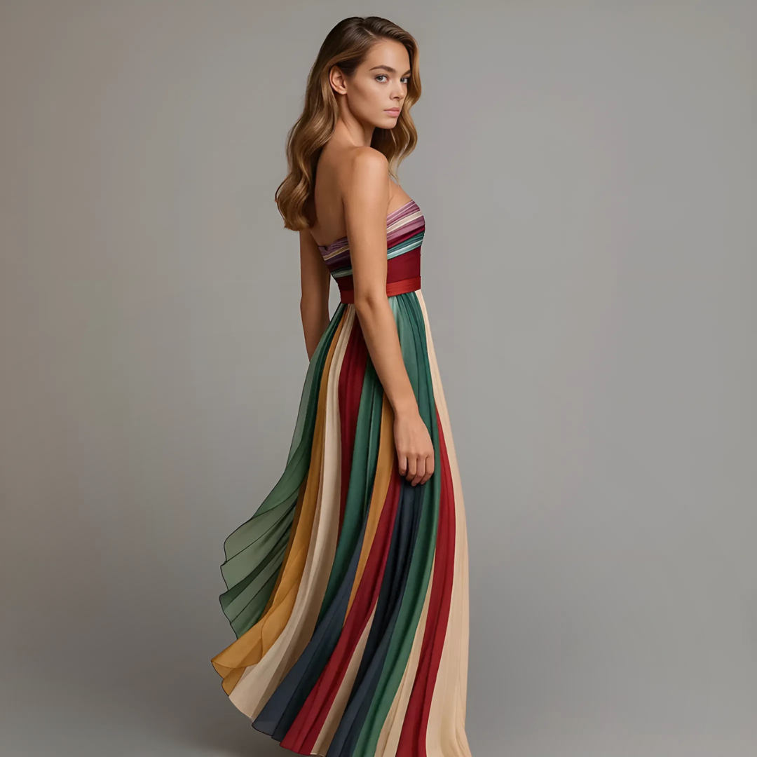 Gareen | Women's Colorful Strapless Party Maxi Dress with Pleated Skirt